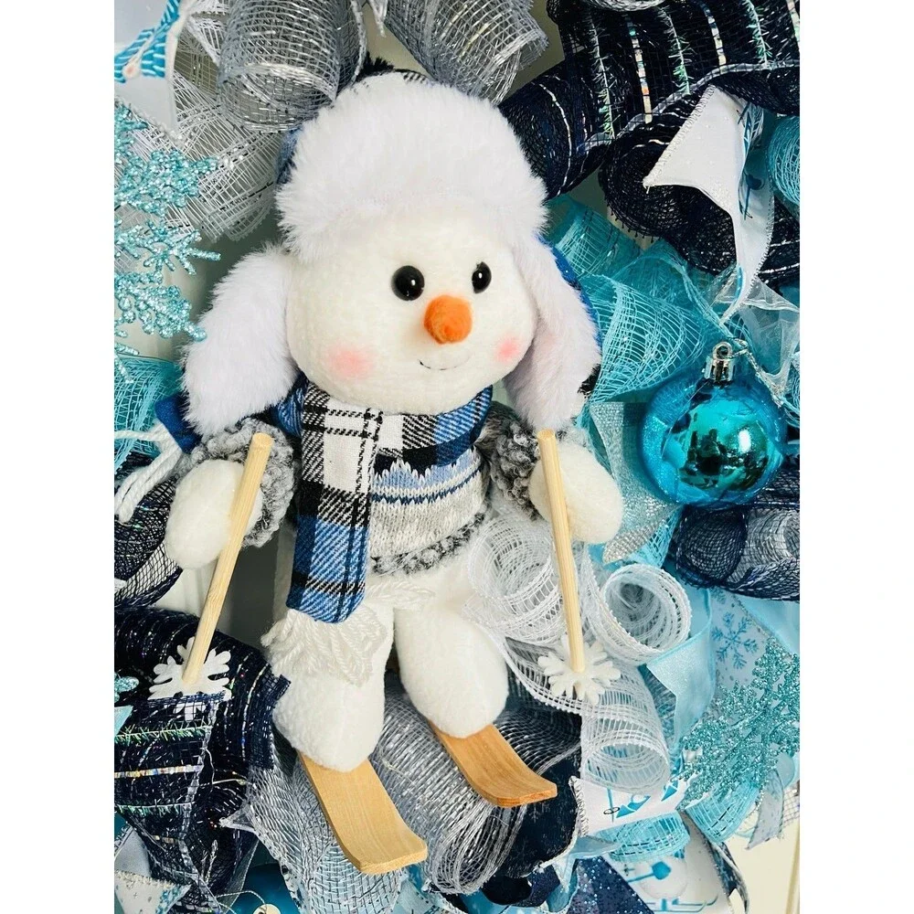 XL Handmade Christmas Holiday Skiing Snowman Ribbon Prelit Wreath 26 ins LED